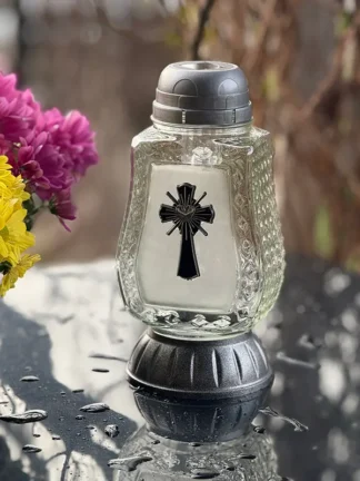 Znicz solarny S842 Srebrny Krzyż Serce (24 cm)