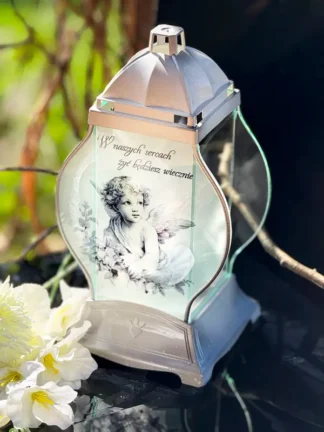 Znicz Kapliczka Q Anioł "W naszych sercach żyć będziesz wiecznie" Srebro (31 cm)