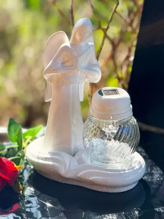 Znicz Lampion solarny Ceramika Anioł A2 BIAŁY (29,5 cm)