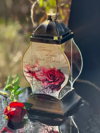 Znicz Kapliczka Q Czerń "Tęsknimy za wami Kochani Rodzice" Czerwona Róża (31 cm)