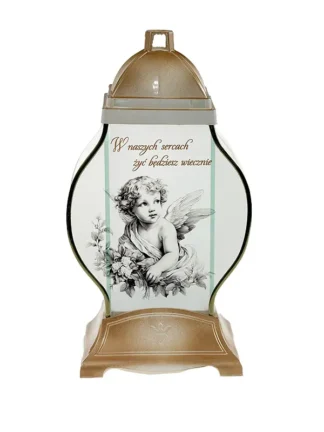 Znicz Kapliczka Q Anioł "W naszych sercach żyć będziesz wiecznie" Złoto (31 cm)