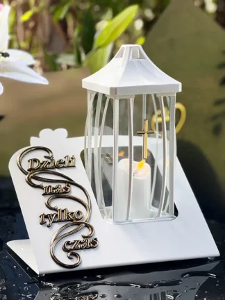 Znicz metalowy ze Świecą Gracja Biała, Złoty napis "Dzieli Nas tylko czas" (30cm)