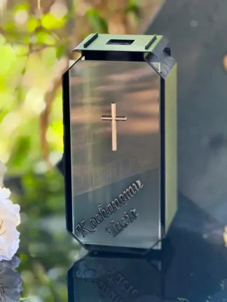 Kapliczka Solarna Metalowa LUXORIA T3 "Kochanemu Tacie"- Srebrny napis Czarny Mat mleczne szkło (22 cm)