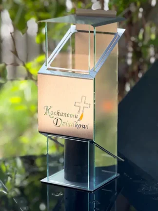 Znicz metalowy, kapliczka Premium LUXORIA KD "Kochanemu Dziadkowi" + ŚWIECA GRATIS Stal/Transparent