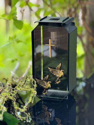 Kapliczka Solarna Metalowa LUXORIA T3 ZŁOTE Gołębie Czarny Mat Transparent (22 cm)