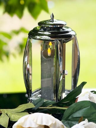 Znicz Artystyczny metalowy PREMIUM Paris SREBRO + Świeca SZARA LED (29 cm)