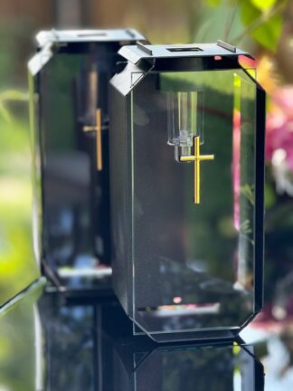 Zestaw 2 x Kapliczka Solarna Metalowa LUXORIA T3 Złoty Krzyż Czarny Mat Transparent (22 cm)