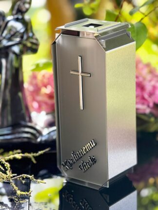 Kapliczka Solarna Metalowa LUXORIA T4 - Stal nierdzewna szkło Mleczne Srebrny "Kochanemu Tacie" (26 cm)