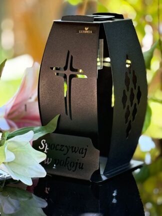 Kapliczka Solarna Metalowa LUXORIA 2 - Czarna Krzyż Spoczywaj w Pokoju (22 cm)