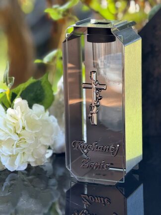 Kapliczka Solarna Metalowa LUXORIA T4 - "Kochanej Żonie" Stal nierdzewna Transparent Srebrny Krzyż (26 cm)