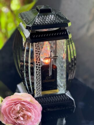 Znicz Kapliczka Prima Vera Krzyż Srebro + LED żywy płomień (29cm)