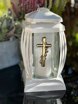 Znicz szklany Prima1 BIAŁY KRZYŻ Złoty (24cm)