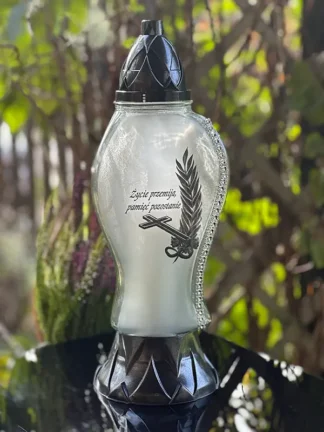 Znicz szklany S785 Grafitowy z cyrkoniami "Życie przemija...()" (36 cm)