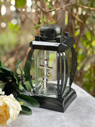 Znicz Solarny Kapliczka Prima1 Czarny Krzyż Srebrny (24cm)