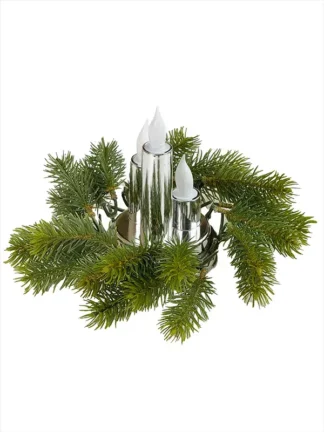 Dekoracja stroik świąteczny ze SREBRNĄ świecą imitującą płomień