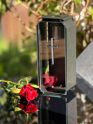 Kapliczka Solarna Metalowa LUXORIA T4 Srebrny Krzyż Czarny Mat Transparent (26 cm)