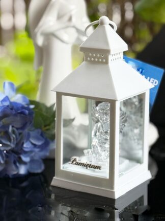 Latarenka z aniołkiem LED Biała 8/18/YZE Złoty Napis "Pamiętam" (baterie w zestawie)