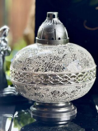 Znicz Artystyczny PREMIUM Big Waza Mozaika Szklana SREBRNA +ŚWIECA LED TRIO (35 cm)