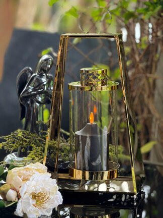 Znicz szklany Trapez Lampion IM530Z ZŁOTY + Świeca Led (41 cm)