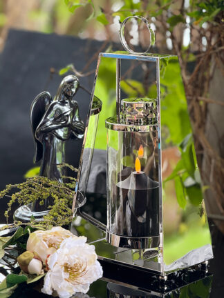 Znicz szklany Lampion Trapez IM530S SREBRNY + Świeca Led (41 cm)