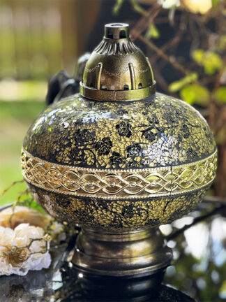 Znicz Artystyczny PREMIUM Big Waza Mozaika Szklana ZŁOTA +ŚWIECA LED TRIO (35 cm)