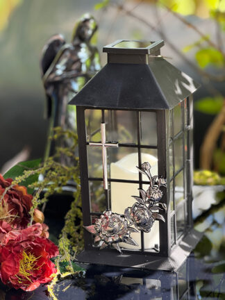 Lampion Solarny Krzyż Ornament Srebrny Migający płomień (Czarny)